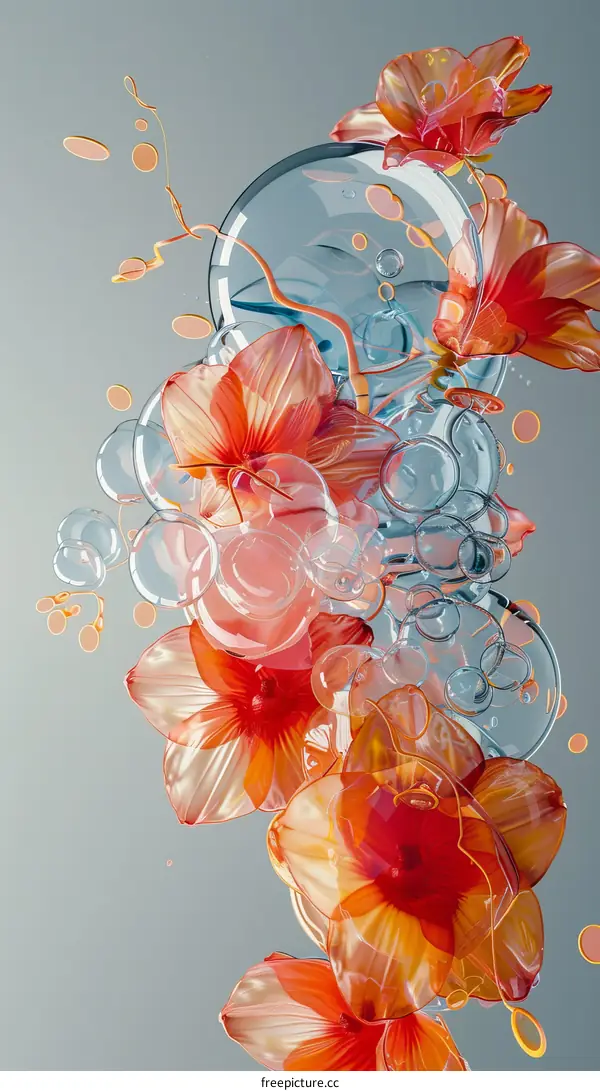 3D rendering of orange hibiscus flowers with water bubbles
