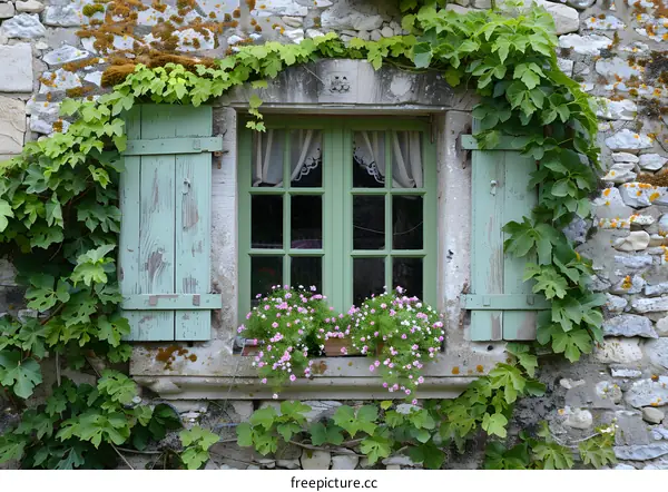 Green wooden shutters on a stone house with flowers on the windowsill