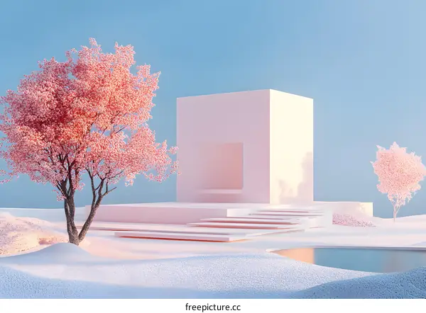 Minimalist Pink and White 3D Render with Tree