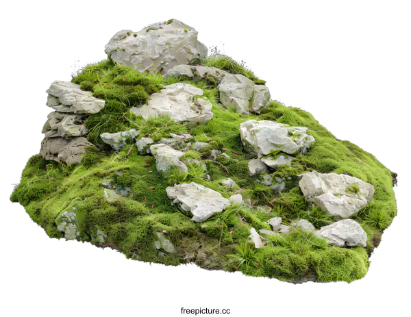 [Transparent Background PNG]Green Mossy Ground with Rocks Isolated on White