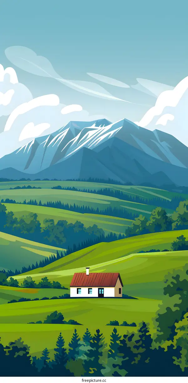 Beautiful Landscape Illustration With Green Hills, Mountain Range, and House