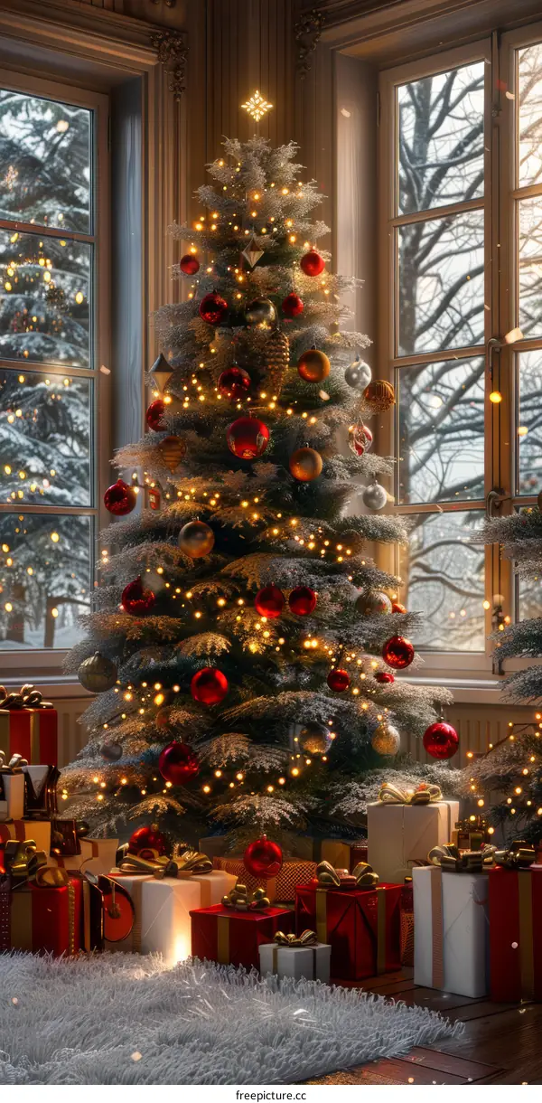 Festive and Cheerful Christmas Tree with Gifts and Ornaments
