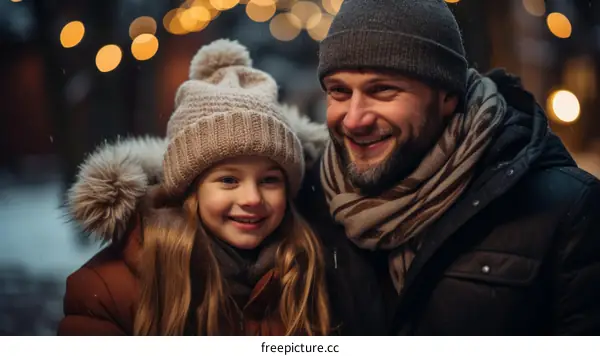 Father and daughter in winter clothes