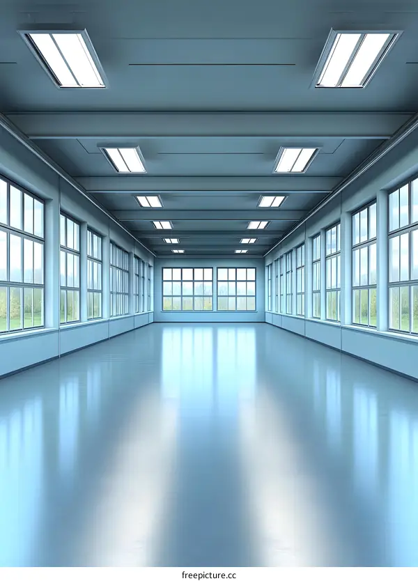 Empty Hallway with Windows and Fluorescent Lights