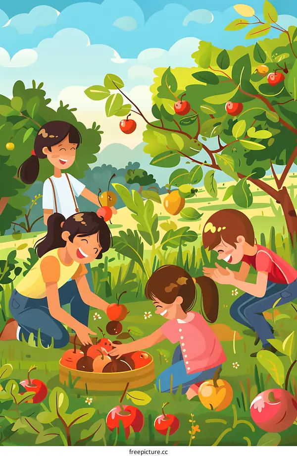 Happy Children Picking Apples in Orchard