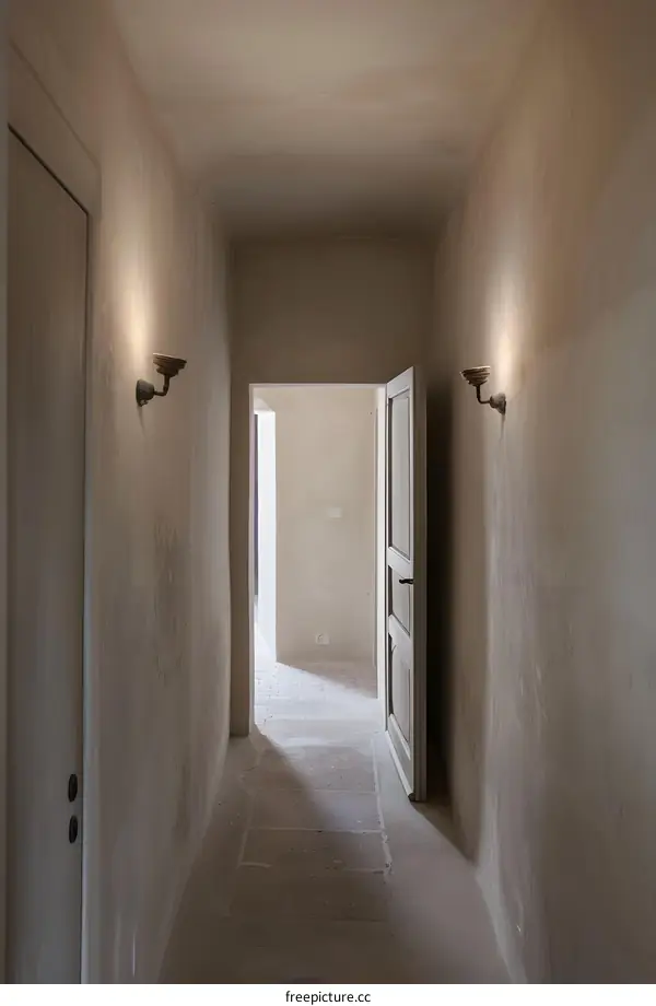 Open Doorway in a Narrow Corridor with Stone Floor and Light from Above