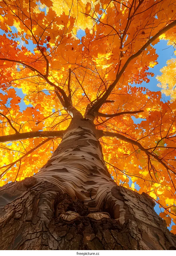 Looking up at a tall tree with yellow leaves in autumn