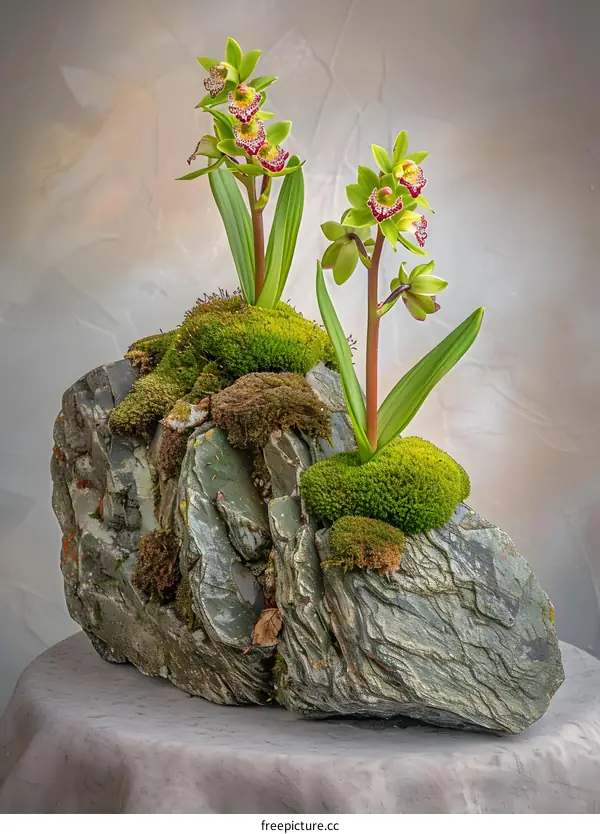 Green Orchids Growing in a Stone Planter