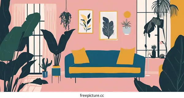 Pink Wall Living Room Interior Design Illustration