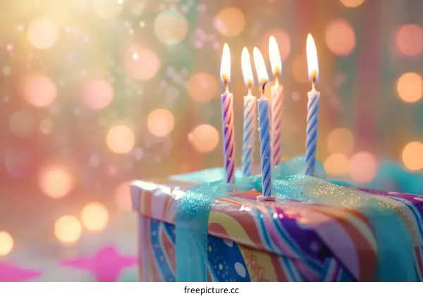 Five Candles on a Gift Wrapped in Pink and Blue Paper