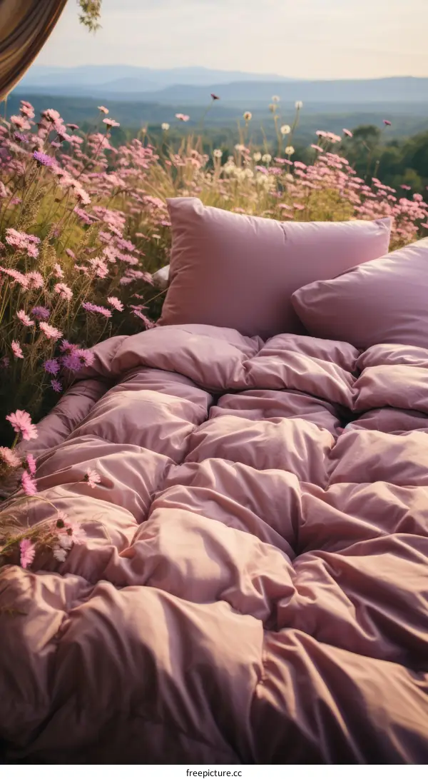 Pink Comforter and Pillows on a Lavender Field Bed