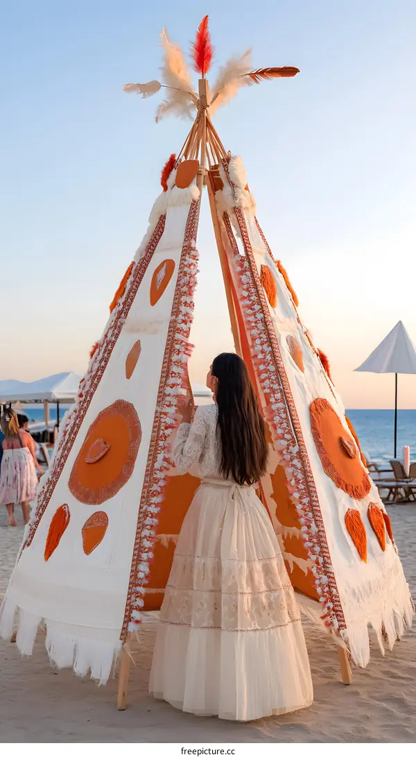 Woman Standing by a Tepee on the Beach