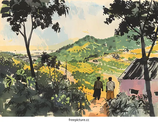 Two People Walking on a Path Through a Green Landscape