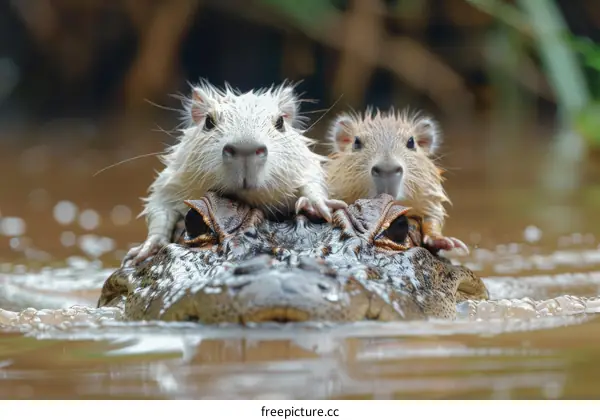 Two capybaras riding on a caiman