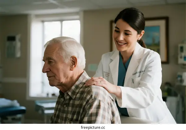 Nurse providing care to elderly patient in medical setting