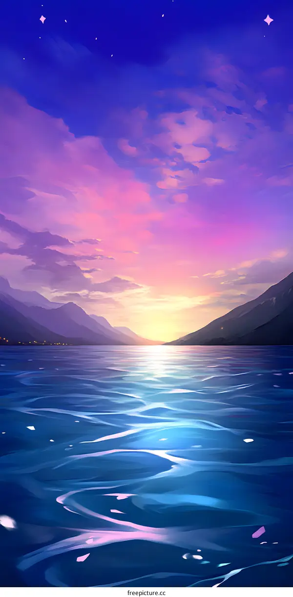 Digital Painting of a Sunset Over a Lake with Mountains in the Distance
