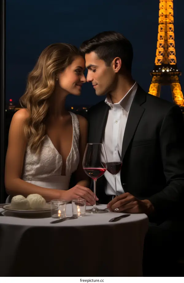 A romantic dinner in Paris with the Eiffel Tower in the background