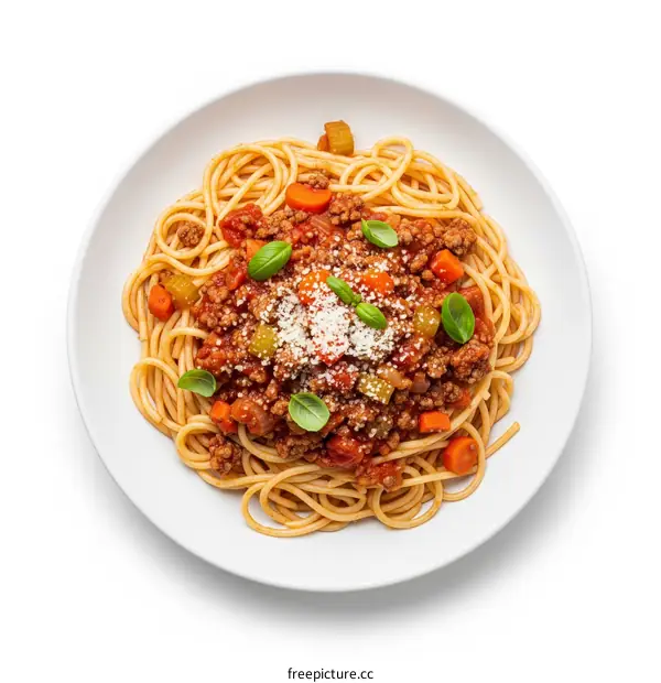 Delicious spaghetti bolognese with meat sauce and basil