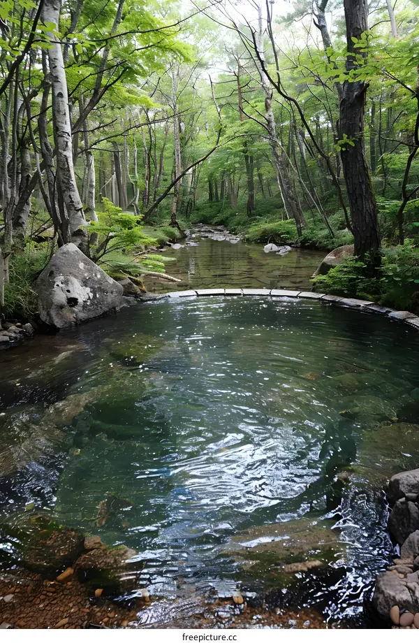 The clear water of a natural hot spring in the forest