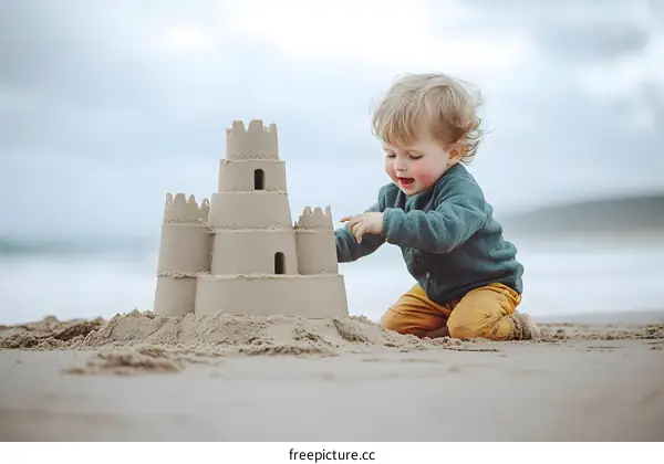 Little Boy Building Sandcastle On The Beach