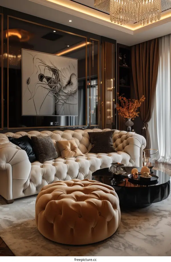 Luxurious Living Room with Modern White Sofa and Round Coffee Table