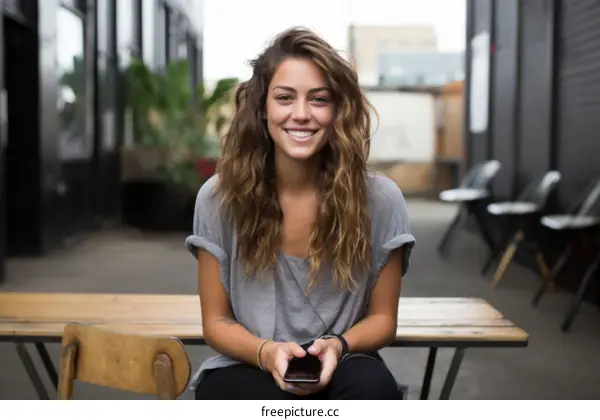Smiling young woman sitting on a bench and holding a phone