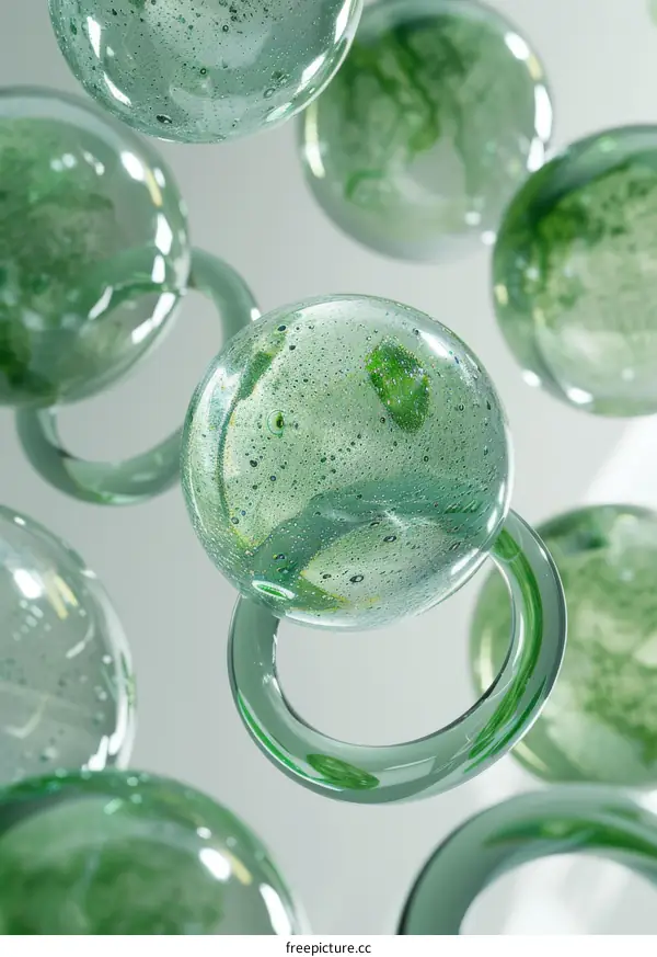 Green Glass Bubbles Floating in Mid-Air
