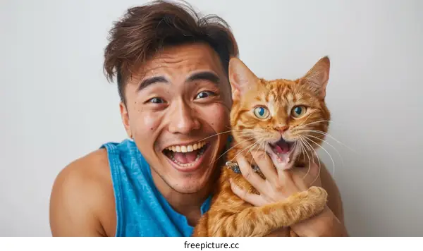 Asian man holding an orange cat and smiling