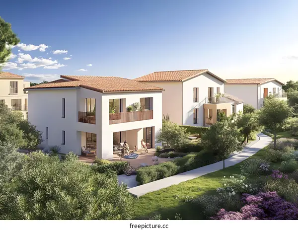 Modern White House with Red Tile Roof in a Lush Green Garden