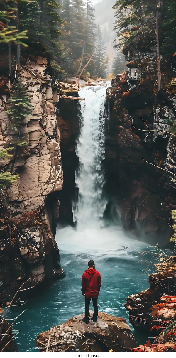 Man Standing by Waterfall in Forest