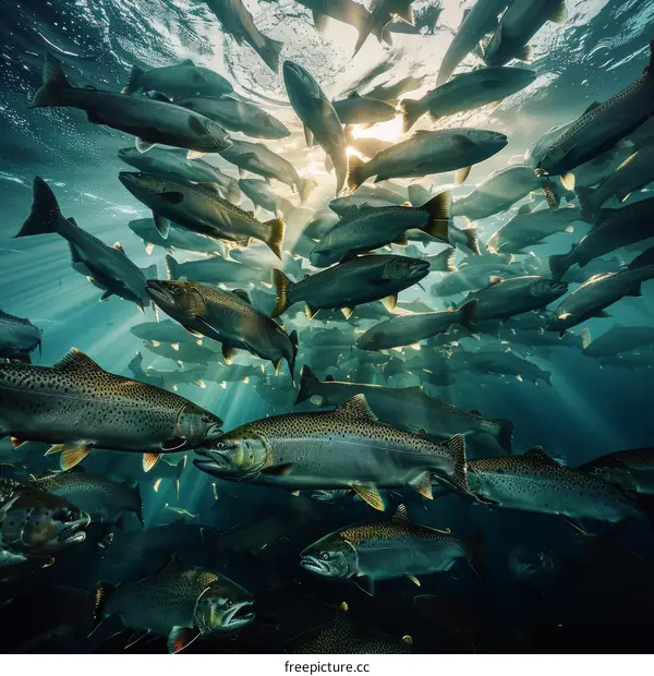 A large school of sockeye salmon swim in the ocean.