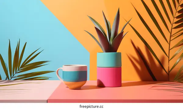 Colorful Still Life with Plant and Mug on Geometric Background