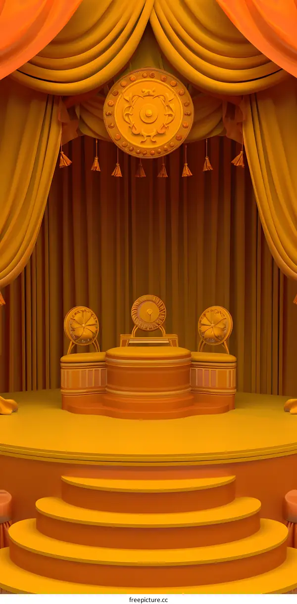 Golden Stage with Three Chairs and Curtains