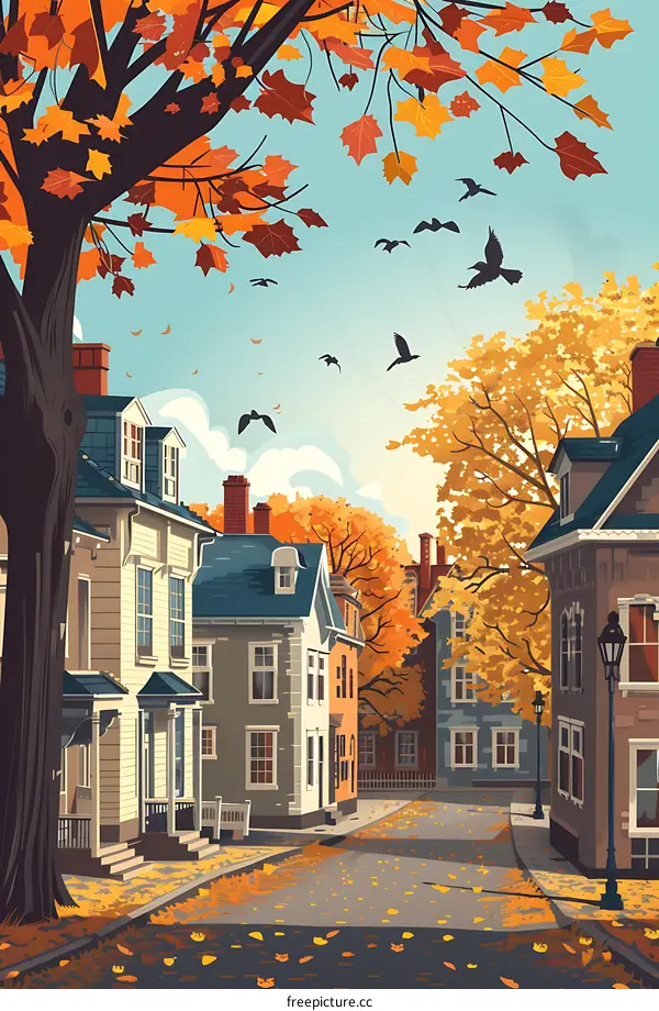 Autumn Leaves Fall on a Quiet Street in a Small Town