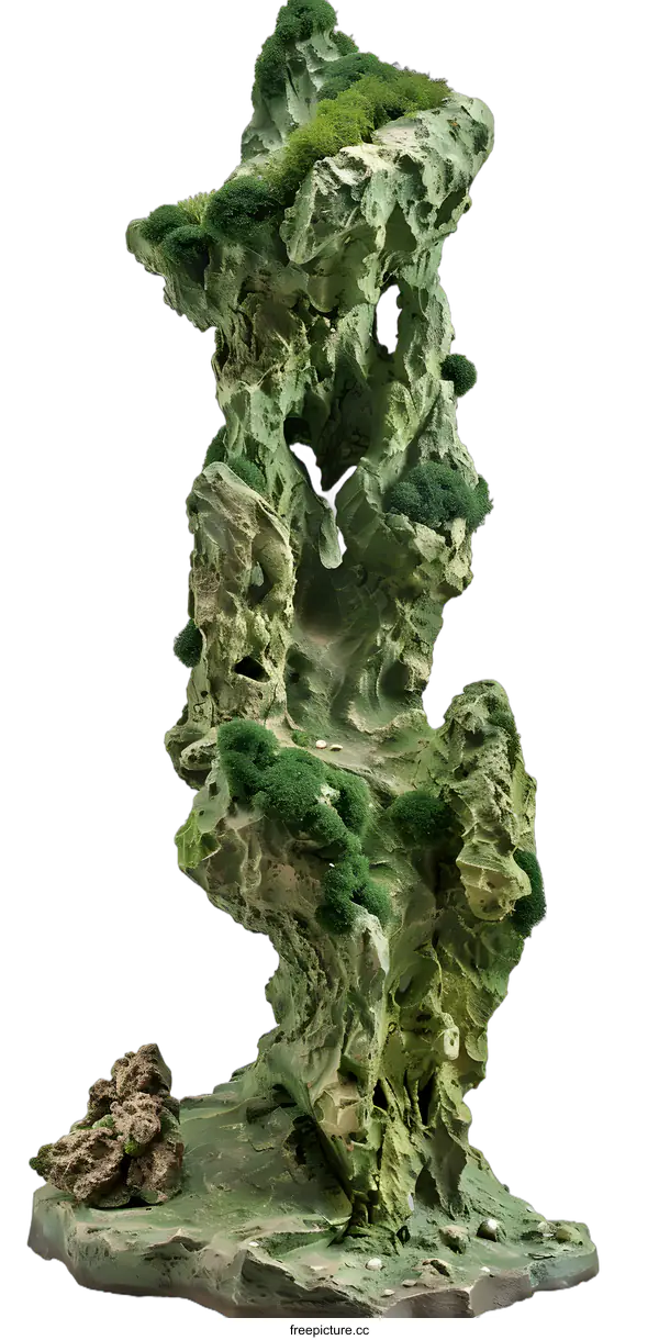 [Transparent Background PNG]Green Moss Covered Rock Formation Aquarium Decoration