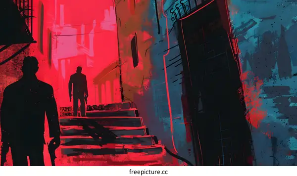 Two Silhouettes Walking Up A Red Staircase In An Alley