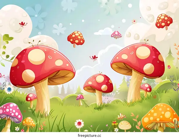Cartoon Illustration of Red and Yellow Mushrooms in a Green Field