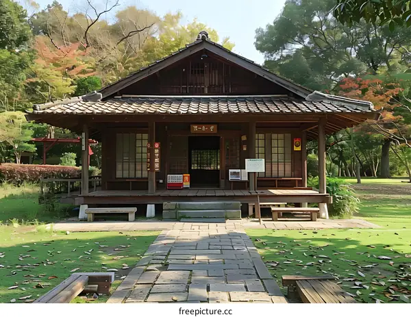 Traditional Japanese Wooden House in a Park
