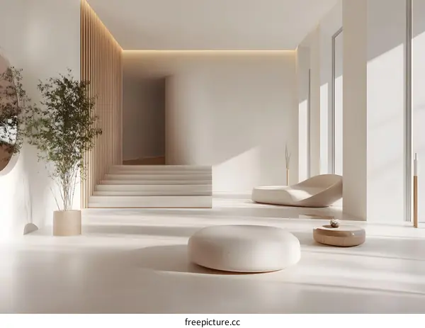 Minimalist Living Room Interior Design with White Walls and Wooden Accents