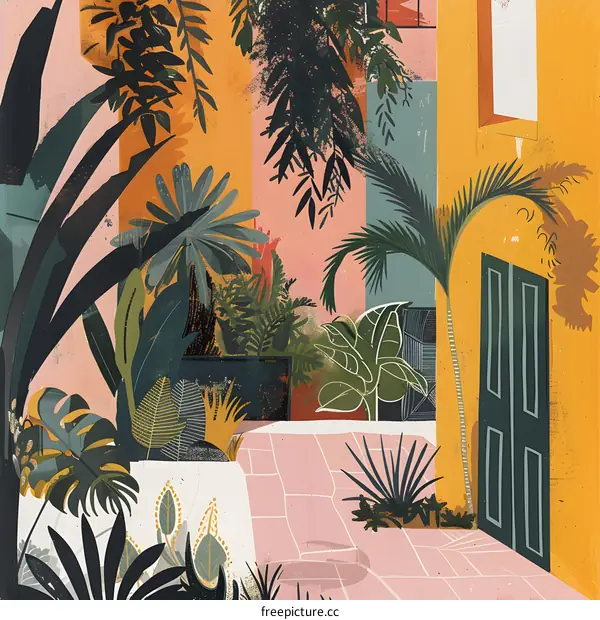 Tropical Courtyard with Green Door and Palm Trees