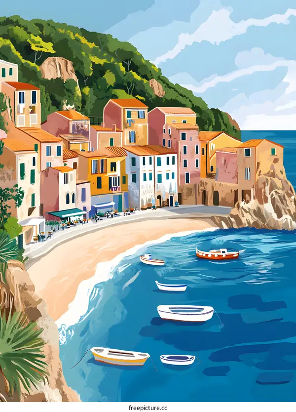 Coastal Town Illustration with Colorful Houses and Boats
