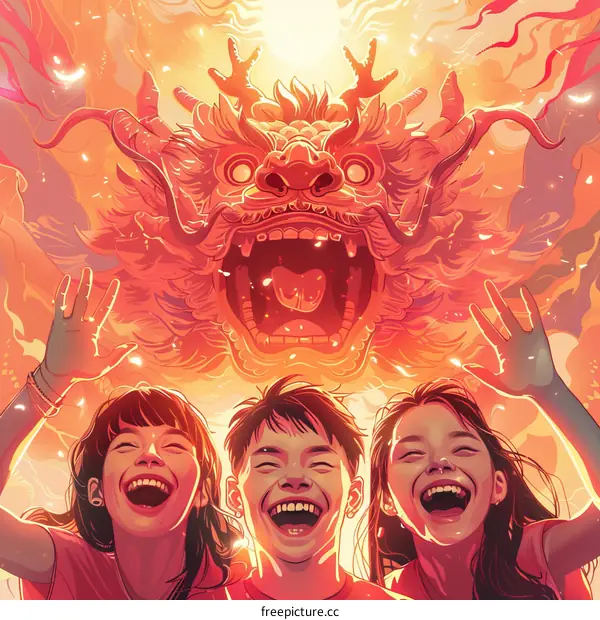 Three happy children celebrating Chinese New Year