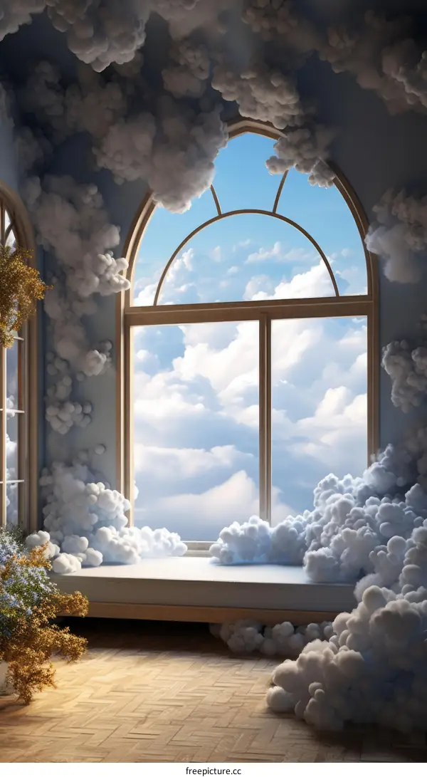 A room filled with clouds and a large window