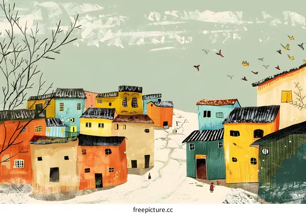 Winter Village Illustration with Birds Flying