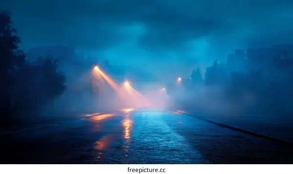 Misty Night Road with Streetlights
