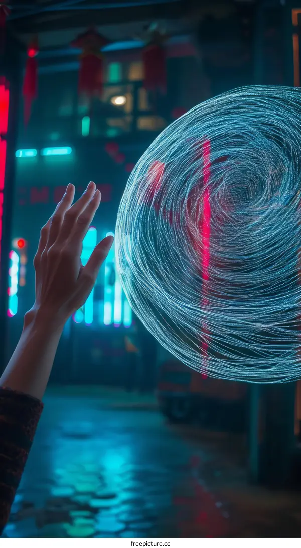 A hand reaching out to touch a glowing sphere of energy in a dark, neon-lit alleyway.