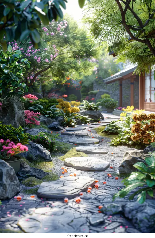 A Tranquil Japanese Garden with Winding Paths, Ponds, and Bridges