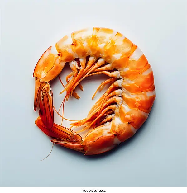Single cooked prawn on white background