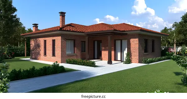 Modern Brick House with Red Roof and Green Lawn