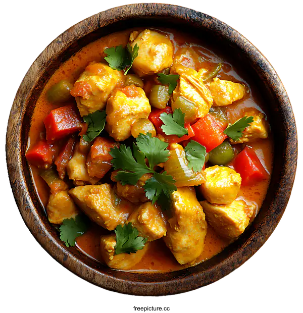 [Transparent Background PNG]Delicious Chicken Curry in Wooden Bowl